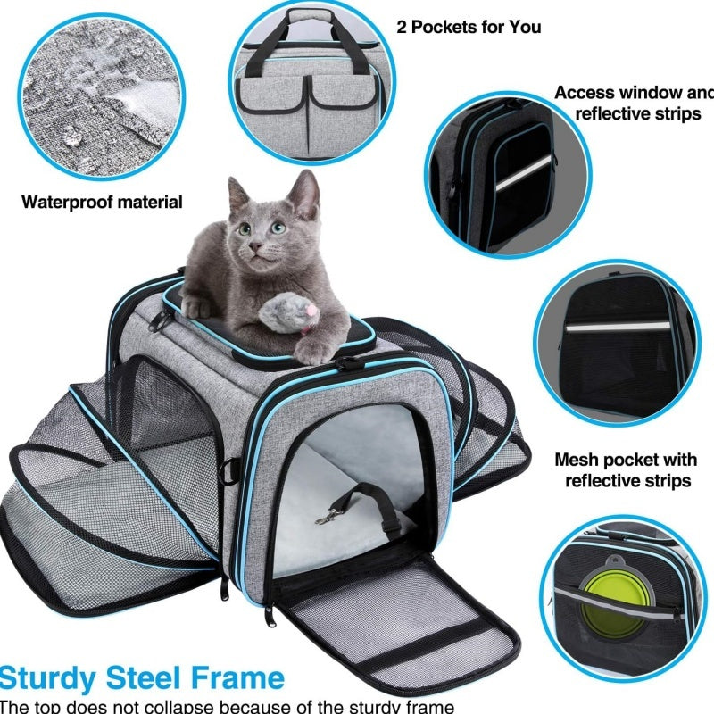 4-Side Expandable Luxury Pet Travel Carrier – TSA Approved with Removable Fleece Pad & Storage Pockets