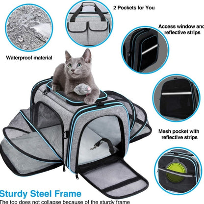 4-Side Expandable Luxury Pet Travel Carrier – TSA Approved with Removable Fleece Pad & Storage Pockets