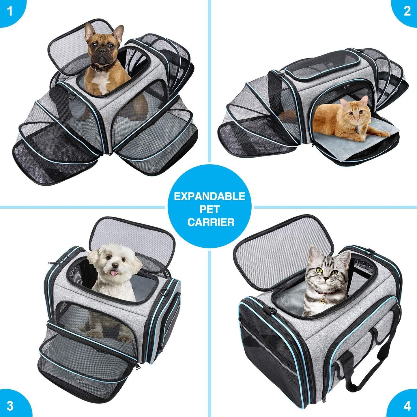 4-Side Expandable Luxury Pet Travel Carrier – TSA Approved with Removable Fleece Pad & Storage Pockets