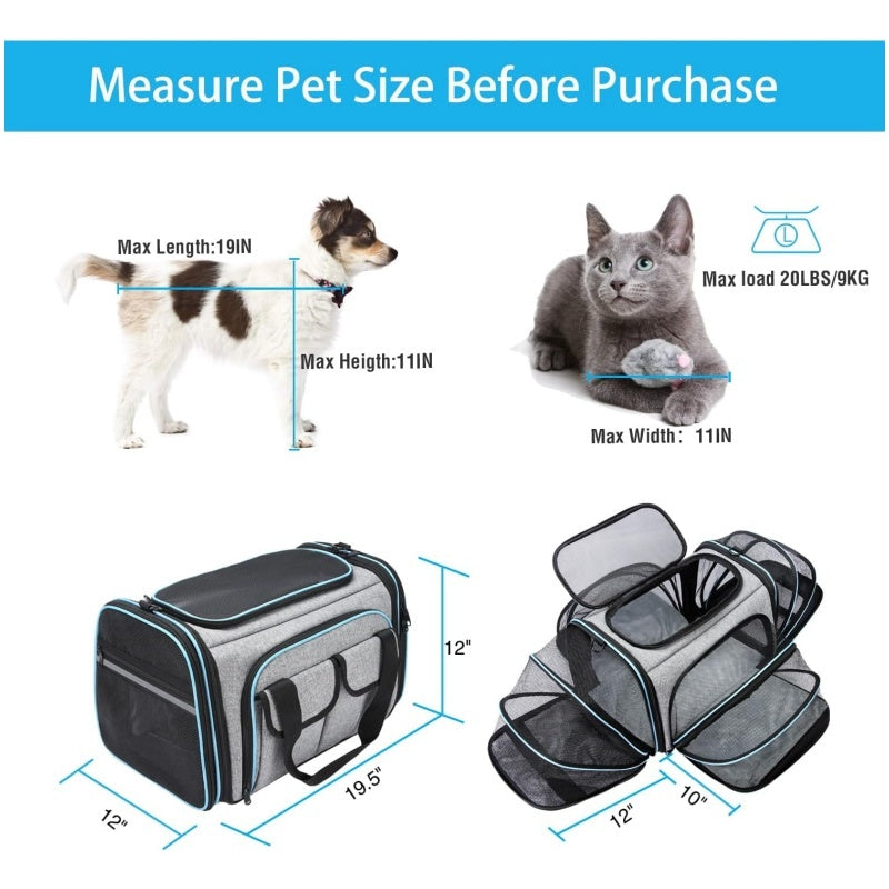 4-Side Expandable Luxury Pet Travel Carrier – TSA Approved with Removable Fleece Pad & Storage Pockets