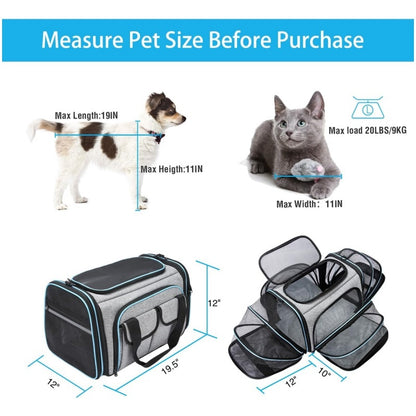 4-Side Expandable Luxury Pet Travel Carrier – TSA Approved with Removable Fleece Pad & Storage Pockets