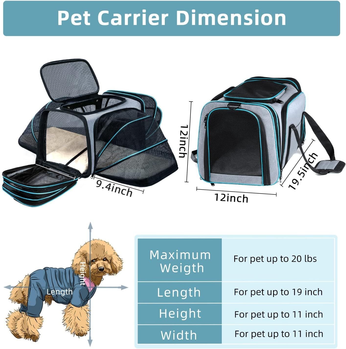 4-Side Expandable Luxury Pet Travel Carrier – TSA Approved with Removable Fleece Pad & Storage Pockets