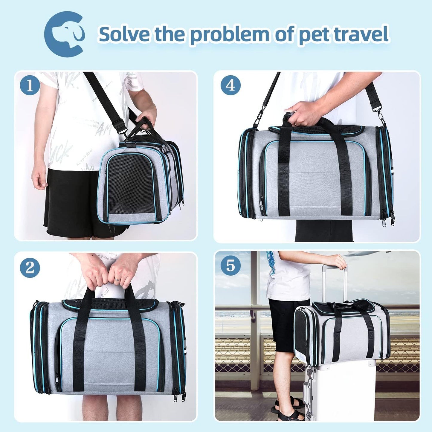 4-Side Expandable Luxury Pet Travel Carrier – TSA Approved with Removable Fleece Pad & Storage Pockets