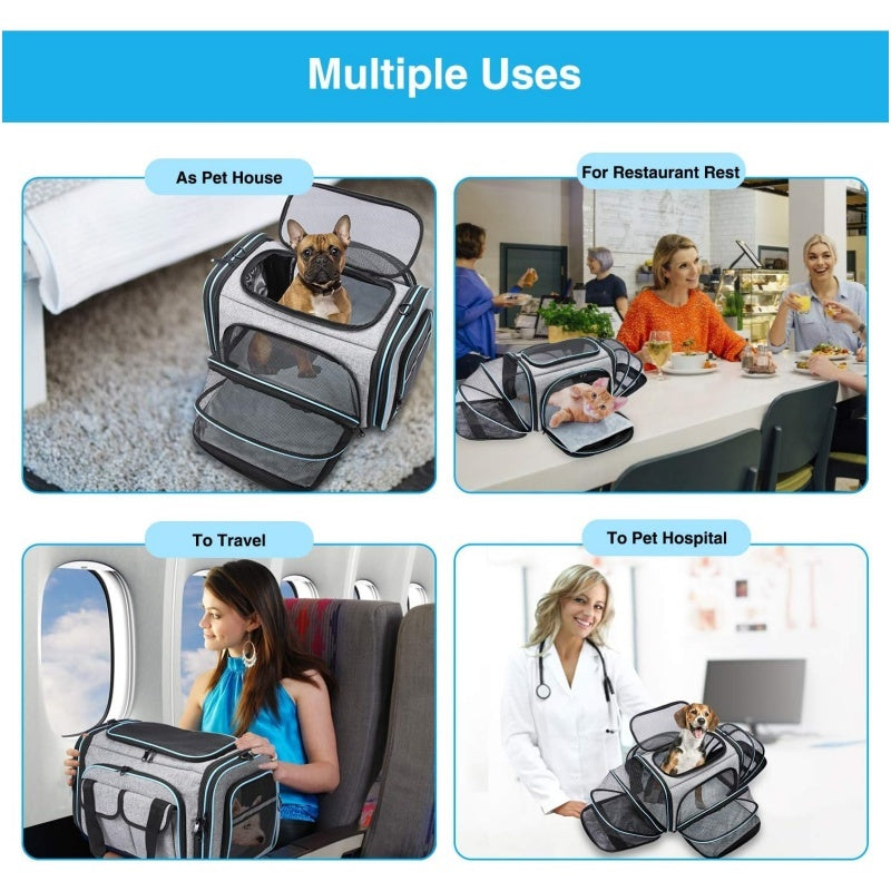 4-Side Expandable Luxury Pet Travel Carrier – TSA Approved with Removable Fleece Pad & Storage Pockets